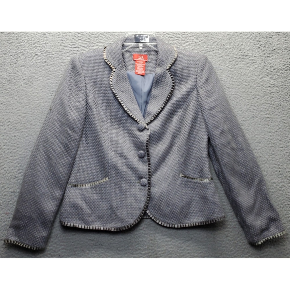 Oscar De La Renta Blazer Jacket Women 8 Gray Textured Tweed Trimming Notch Lapel